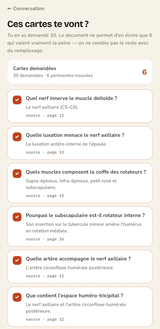 Cartes proposées à partir d'un cours d'anatomie, chacune avec sa page source
